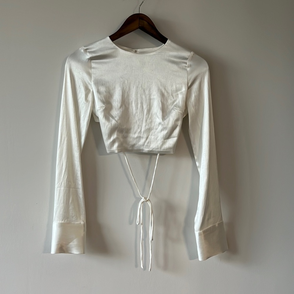 Long Sleeve Cropped Backless Satin Sateen Silk  Top